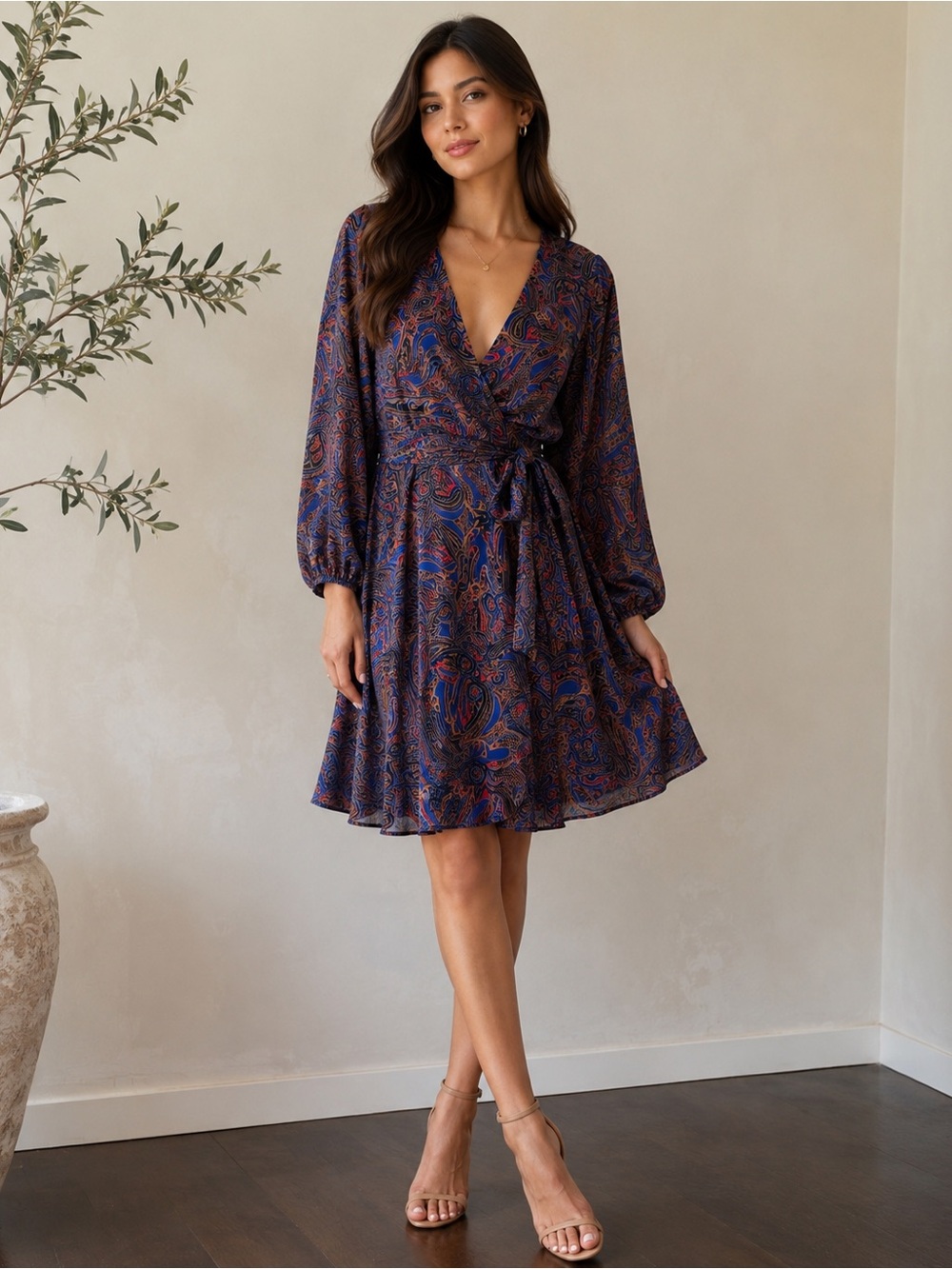 Lauren Ralph Lauren Paisley Faux Wrap Dress Blue Red Long Sleeve Knee Length